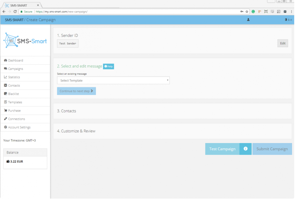 SMS campaign settings dashboard